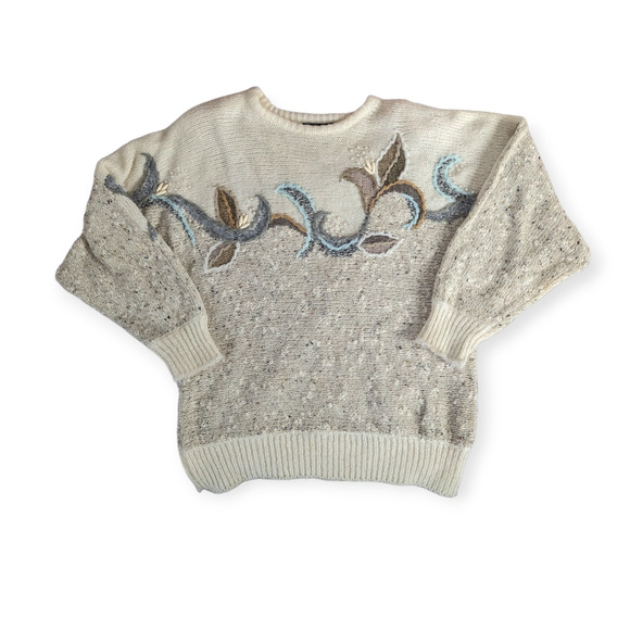 20 ANS Sweaters - Vintage 80's Pastel Embroidered Floral Oversized Nubby Sweater